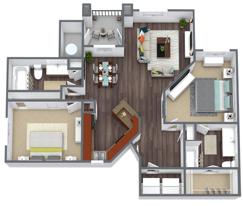 Floor plan for 2 beds, 2 baths, 1046 sqft